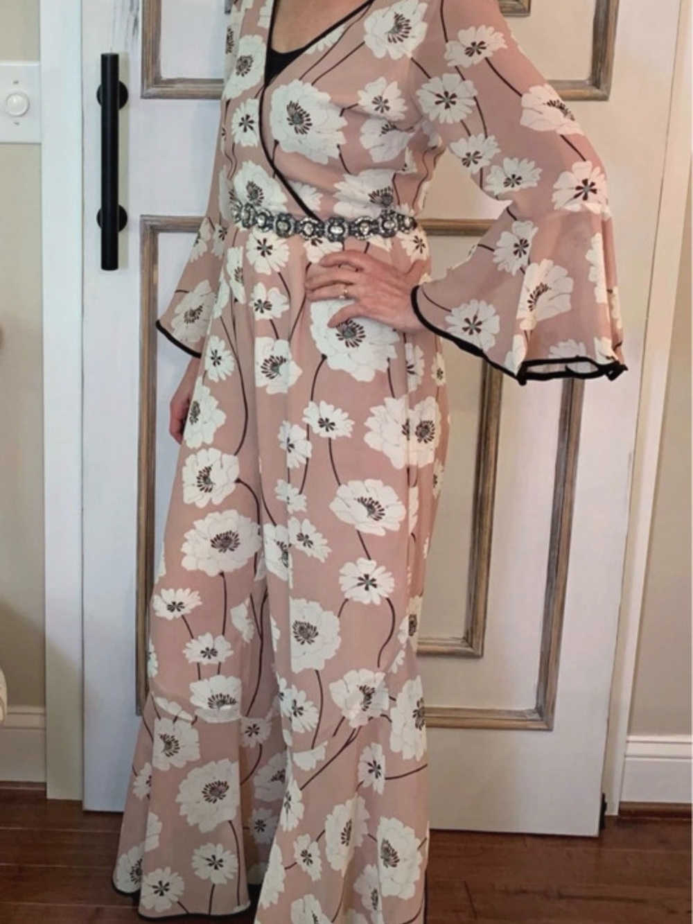 Blush Floral Wrap Jumpsuit with Bell Sleeves